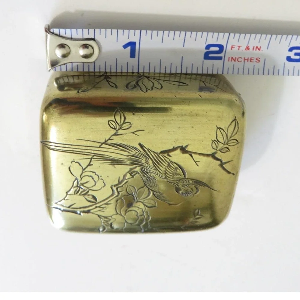 Vintage Asian‎ Brass Trinket Box Bird Flower Engraving Hinged Small Keepsake